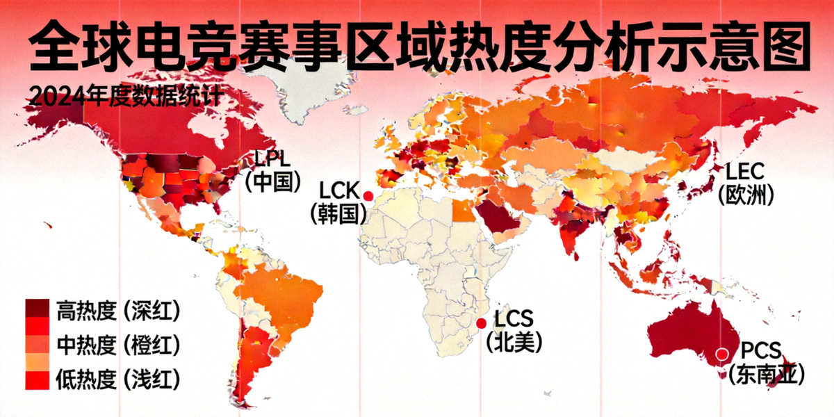 全球电竞赛事区域热度分析示意图 - 显示各大赛区颜色深浅表示的热度分布