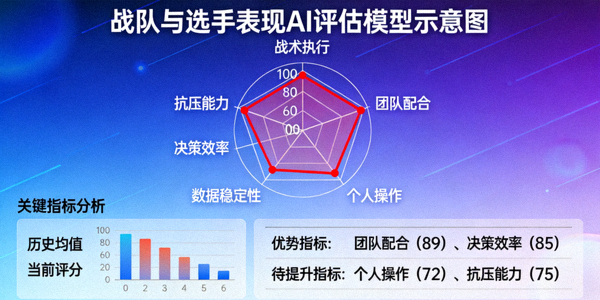 战队与选手表现AI评估模型示意图 - 雷达图与关键指标分析
